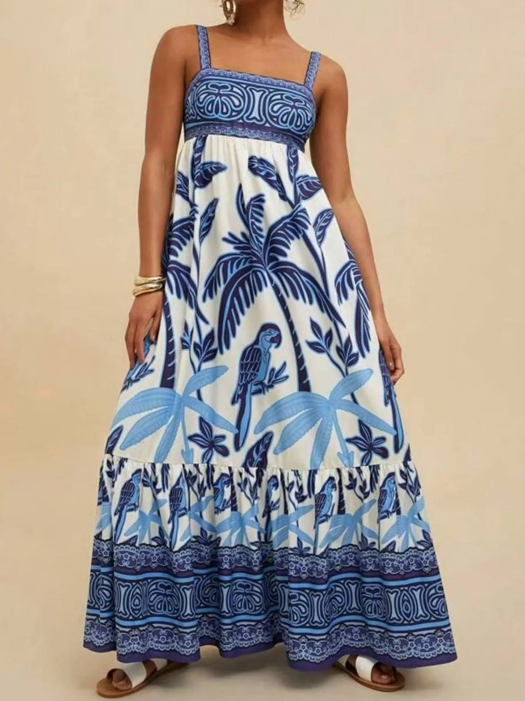 Navy Tropical folk print square neck tiered maxi dress