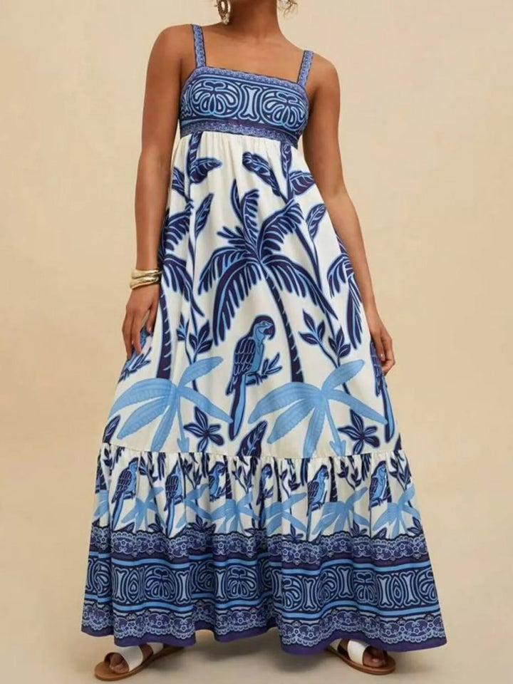 Navy Tropical folk print square neck tiered maxi dress