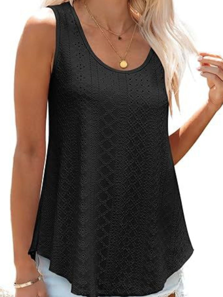 Eyelet knit scoop neck flowy swing tank top
