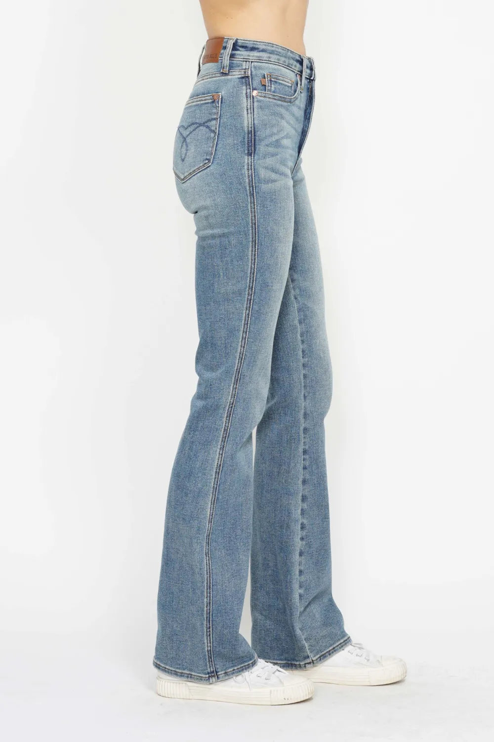 High-rise tummy control bootcut jeans with embroidered pockets