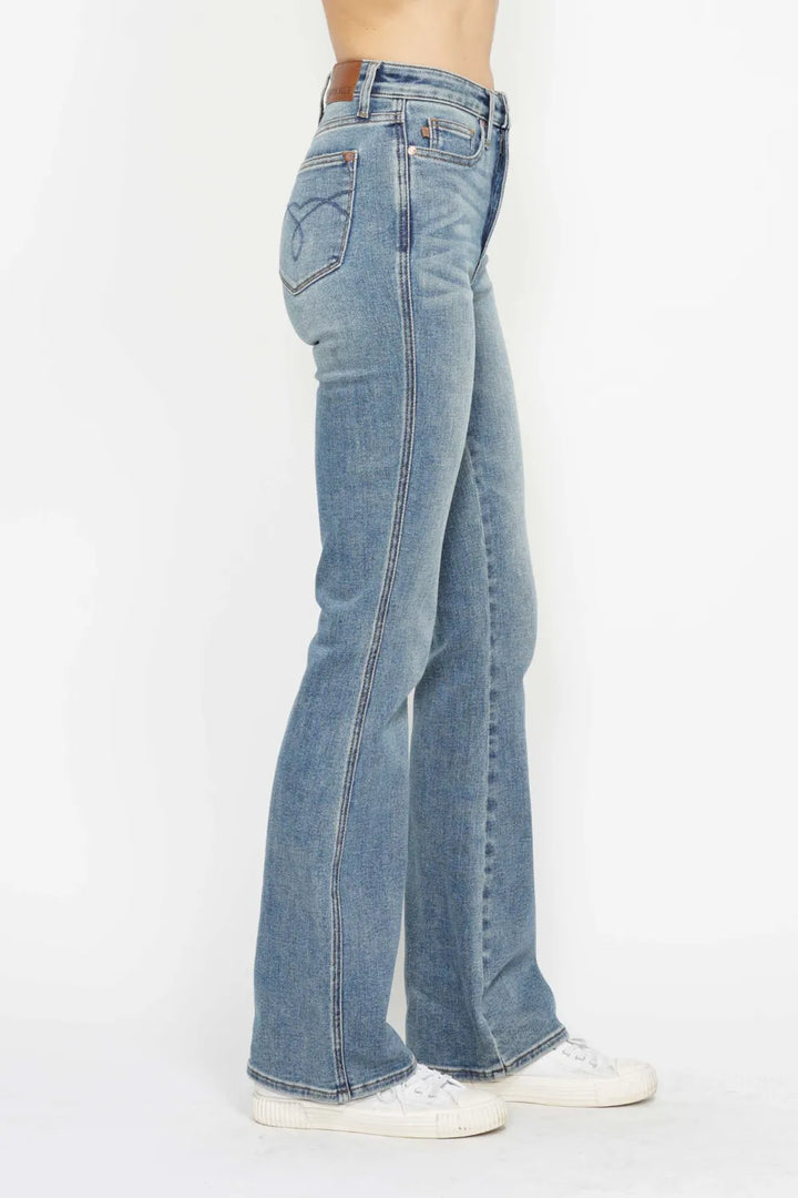 High-rise tummy control bootcut jeans with embroidered pockets