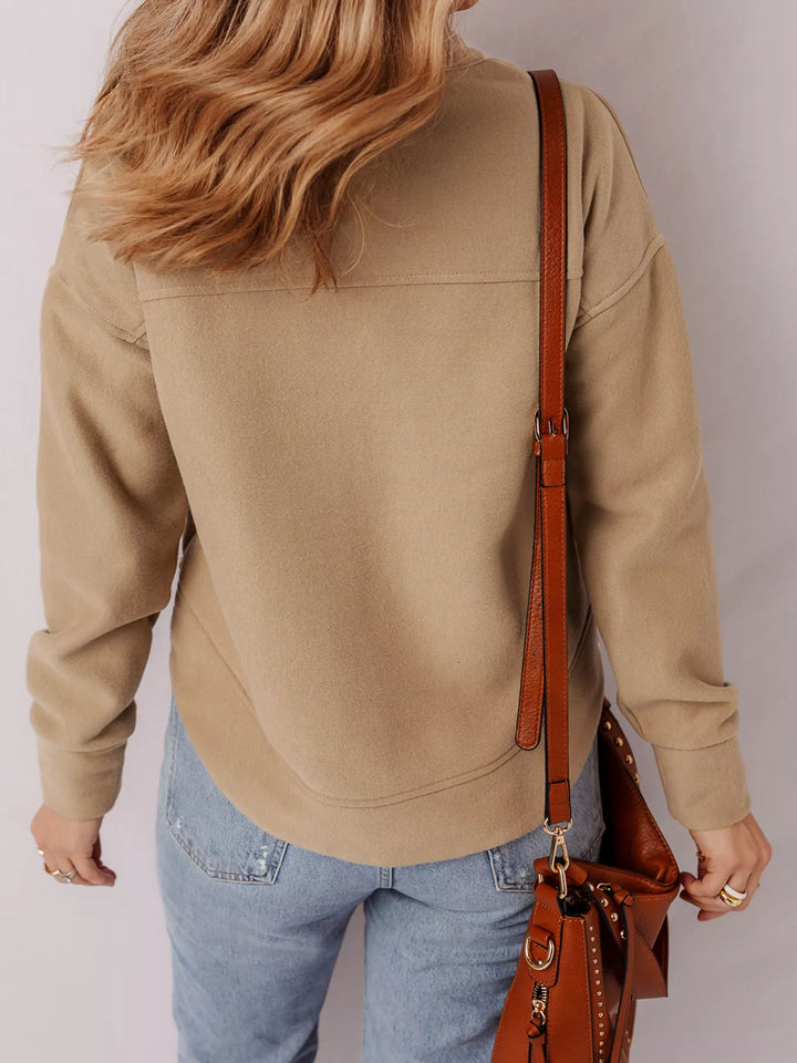 Grommet placket V-neck pullover sweatshirt