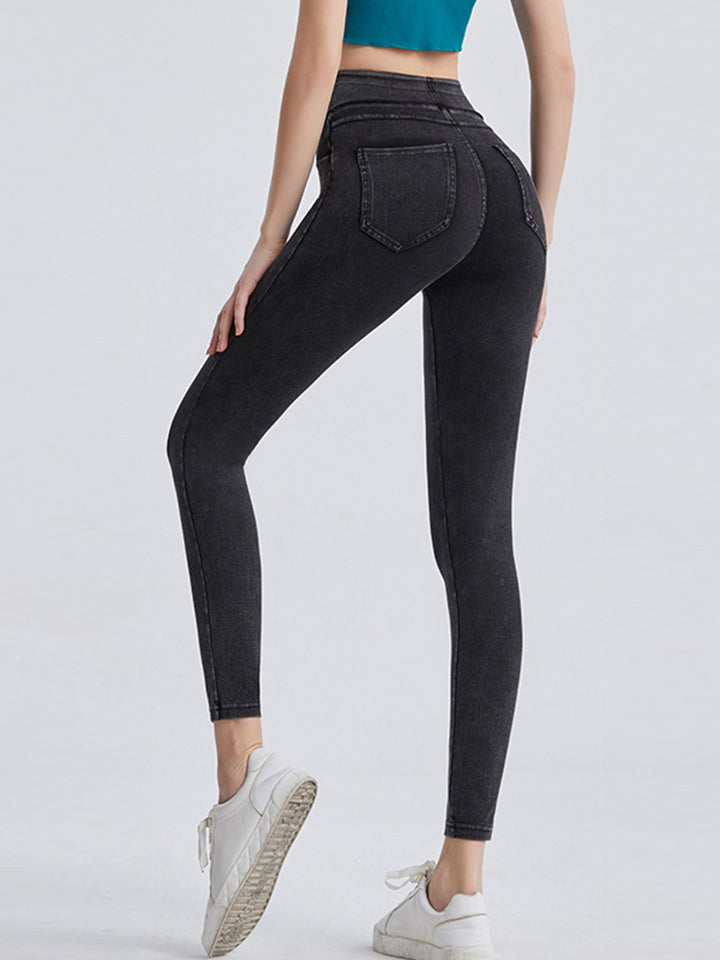 High-waist denim-look sports leggings with faux pockets