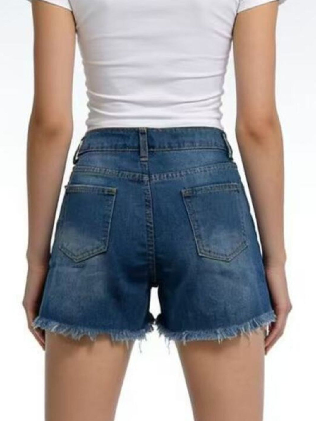 Distressed high-rise denim shorts with frayed raw hem