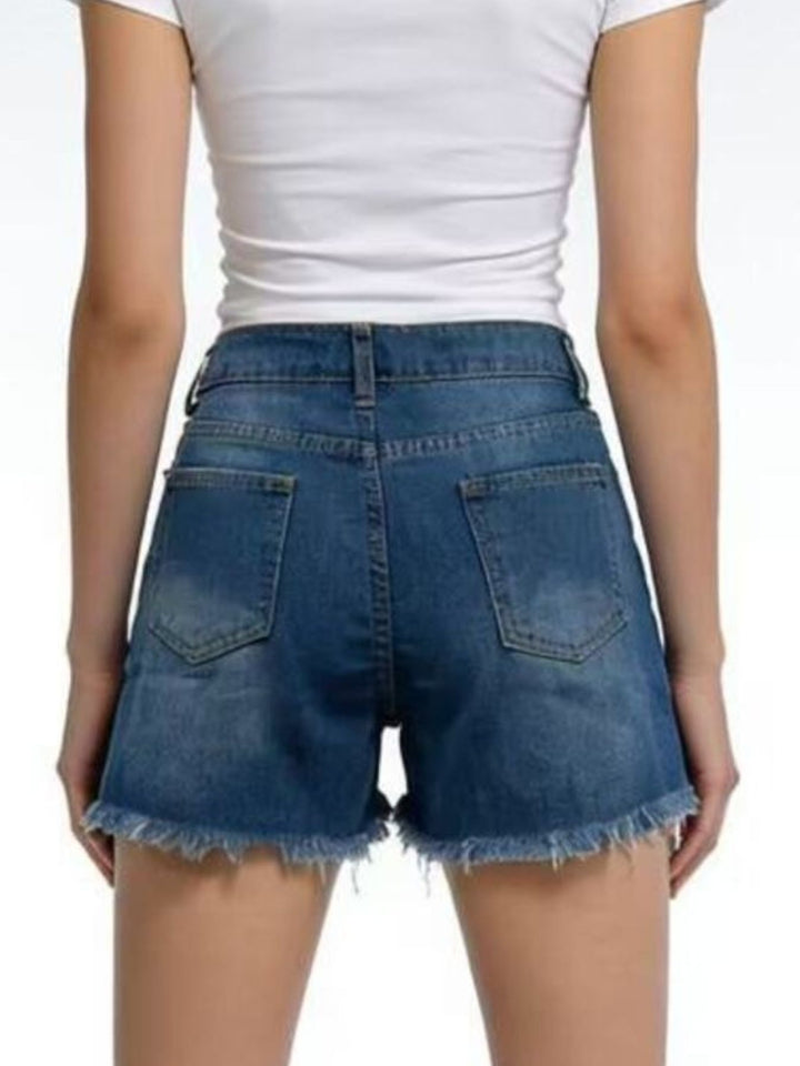 Distressed high-rise denim shorts with frayed raw hem