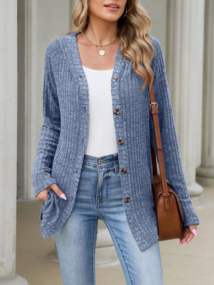 Ribbed knit hooded cardigan with tortoise buttons