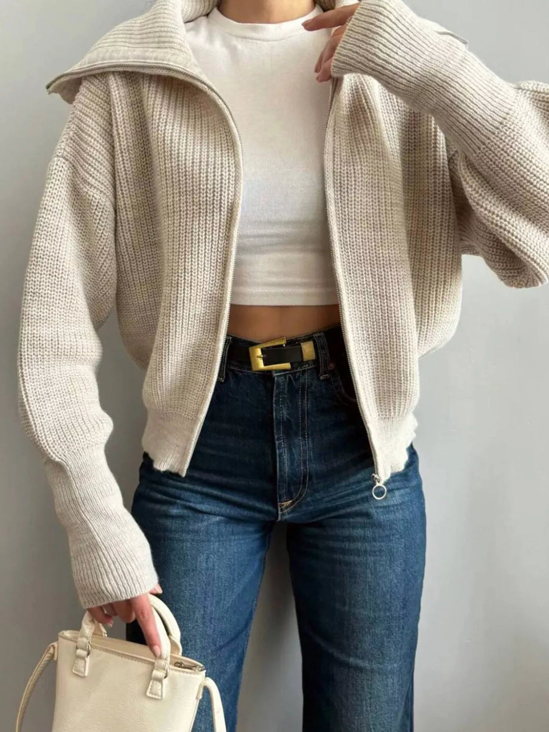 Chunky two-way zip sweater jacket with foldover collar