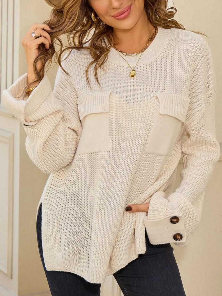Apricot Ribbed knit sweater with chest pockets and button cuffs