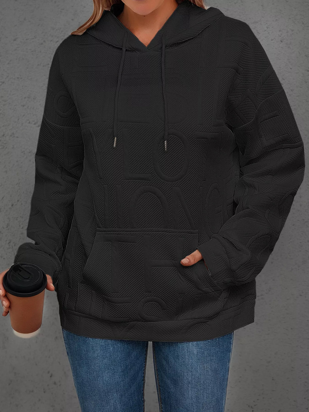 Textured embossed letter pullover hoodie with front pocket
