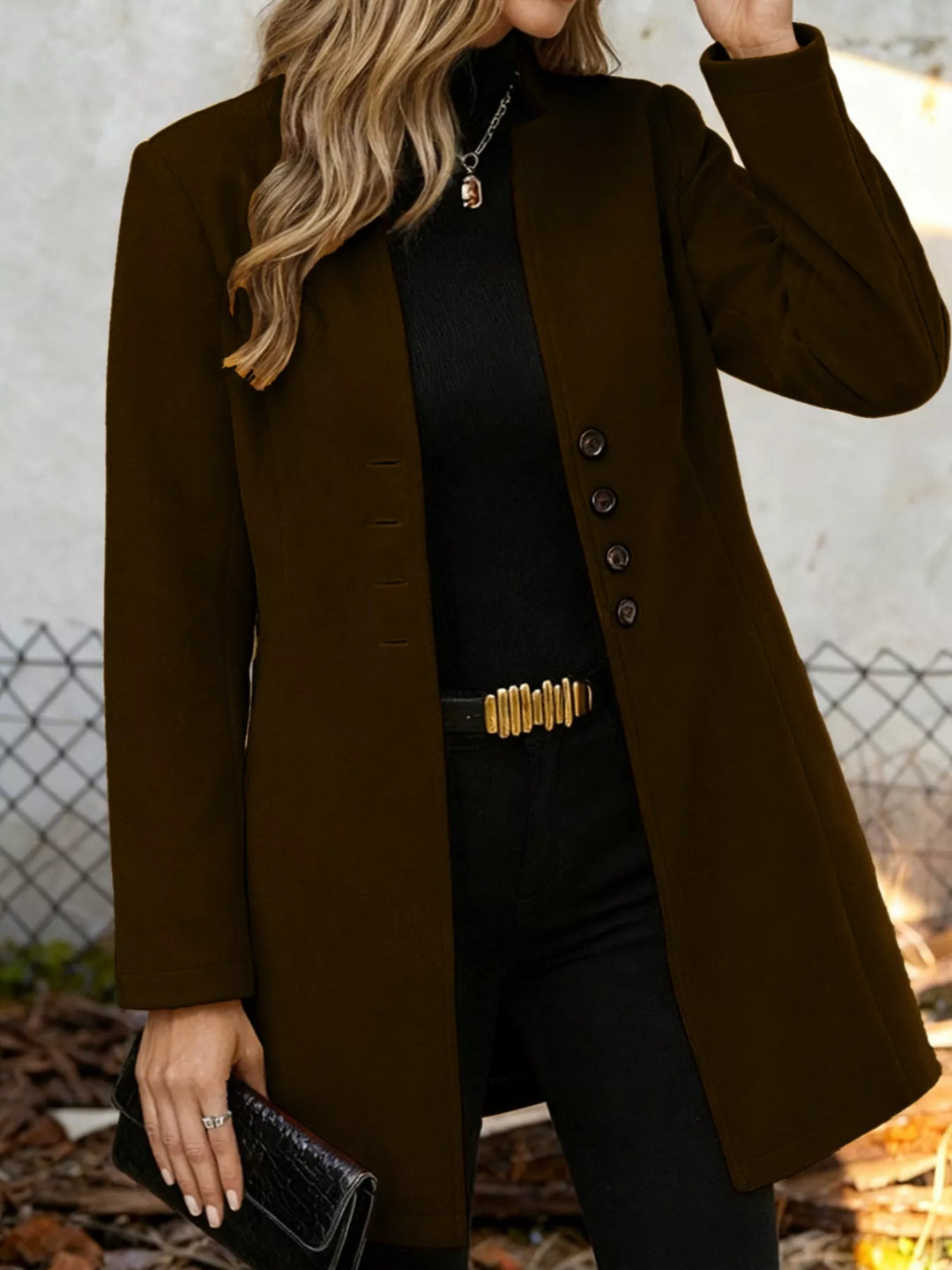Single-breasted stand-collar longline coat