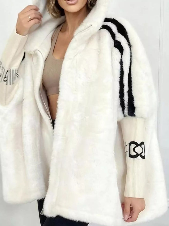 Hooded faux fur coat with striped trim and knit sleeves