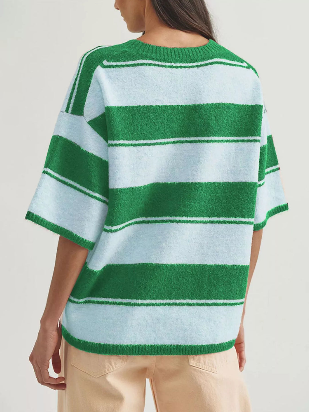 Striped short sleeve knit sweater with ribbed trim