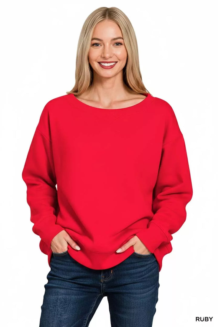 Boat neck fleece sweatshirt with ribbed cuffs and hem