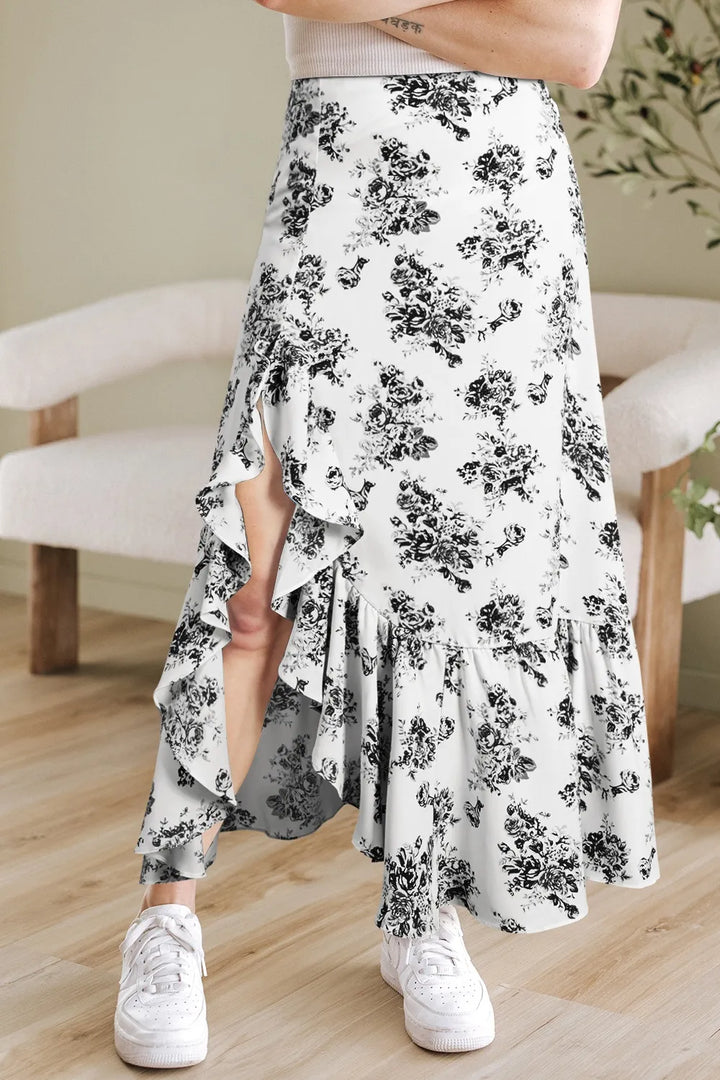 High-waist floral maxi skirt with ruffle and front slit