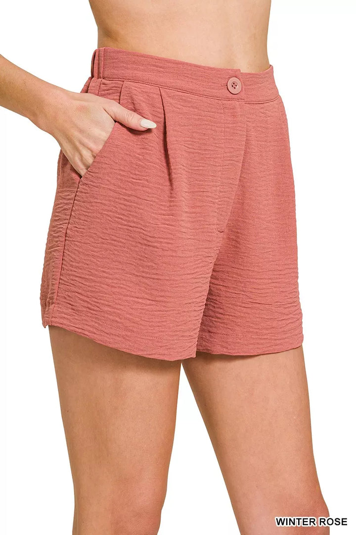 Pleated woven shorts with back elastic waist and pockets