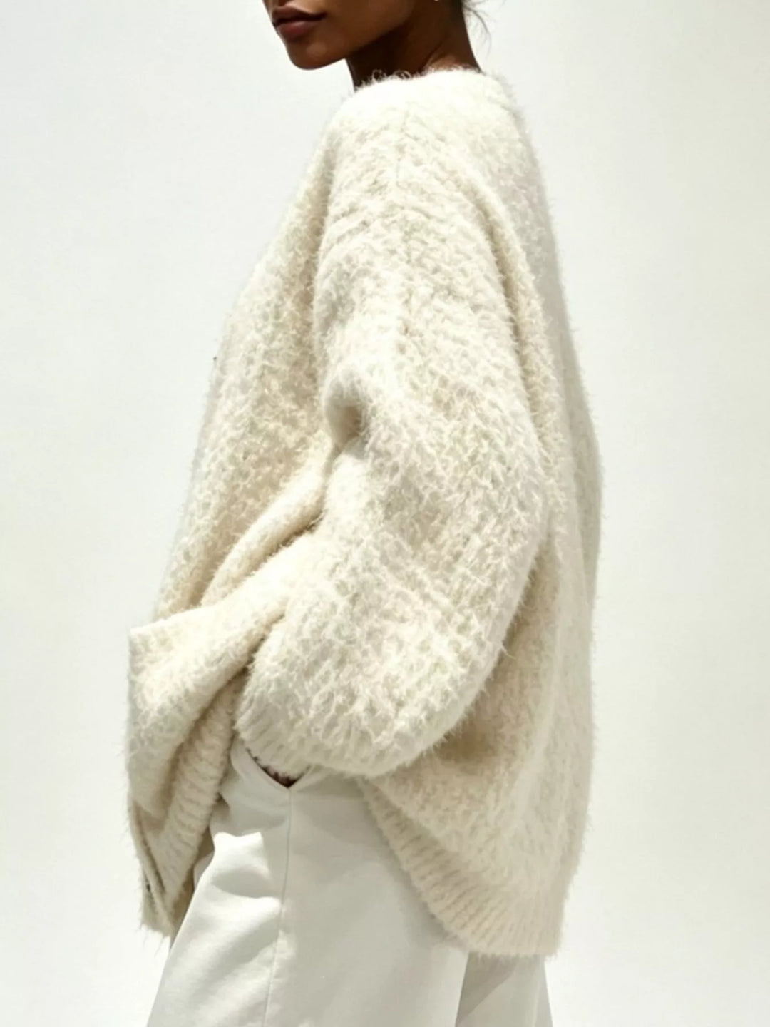 Fuzzy knit V-neck button-down cardigan with patch pockets