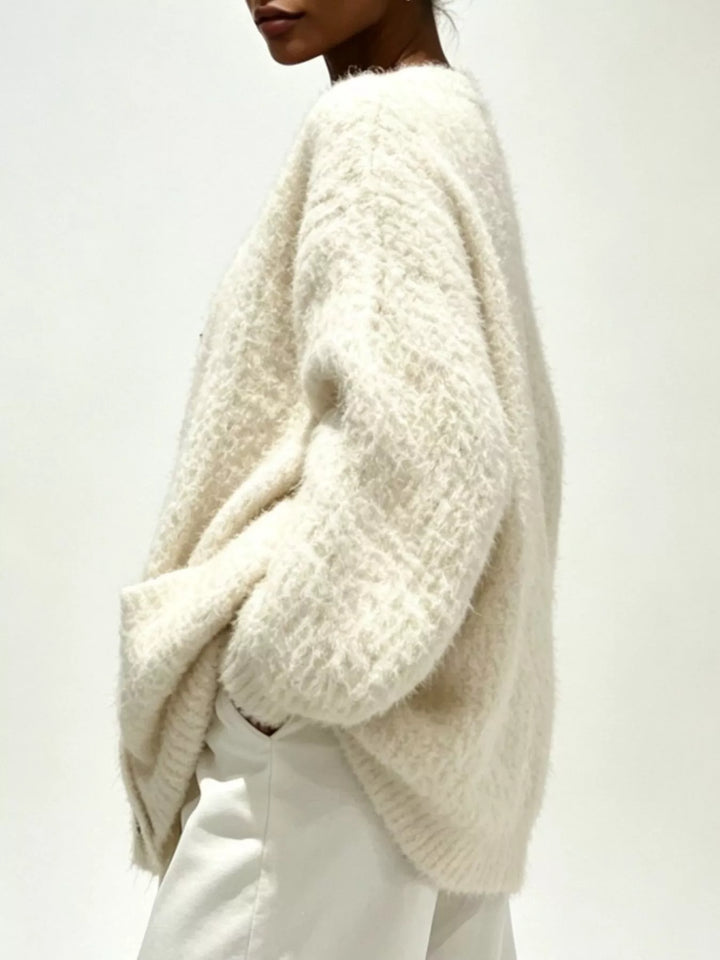 Fuzzy knit V-neck button-down cardigan with patch pockets