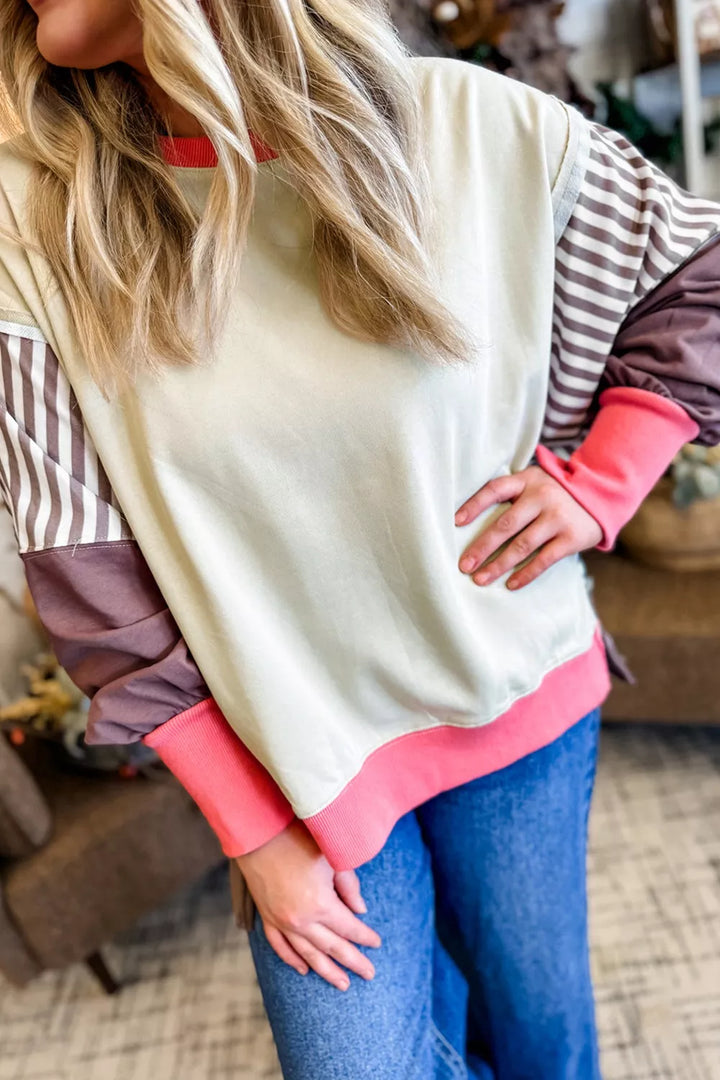 Cream Color block striped dolman sweatshirt with side slit