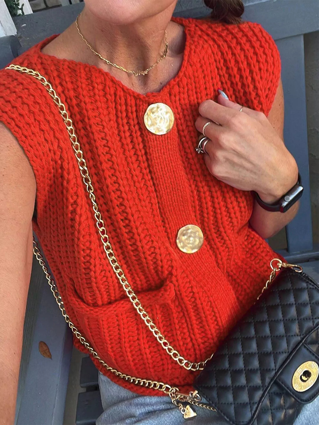 Chunky cable knit sweater vest with gold buttons