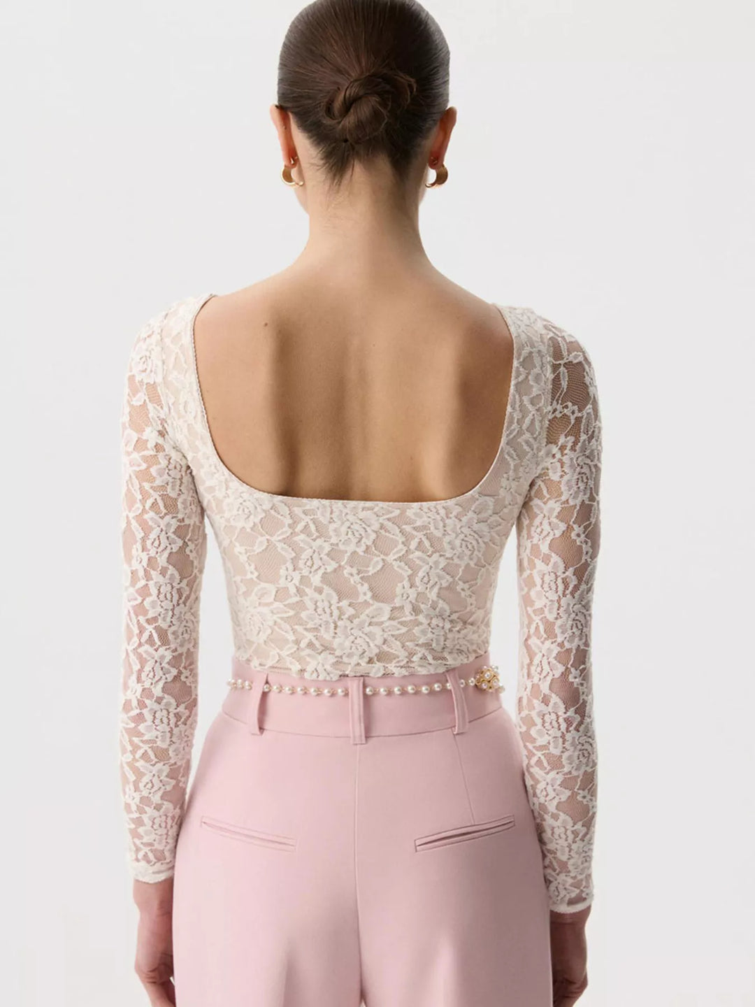 Sheer floral lace round neck long sleeve top