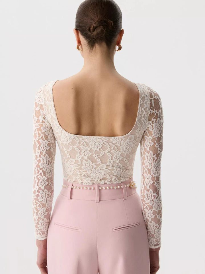 Sheer floral lace round neck long sleeve top