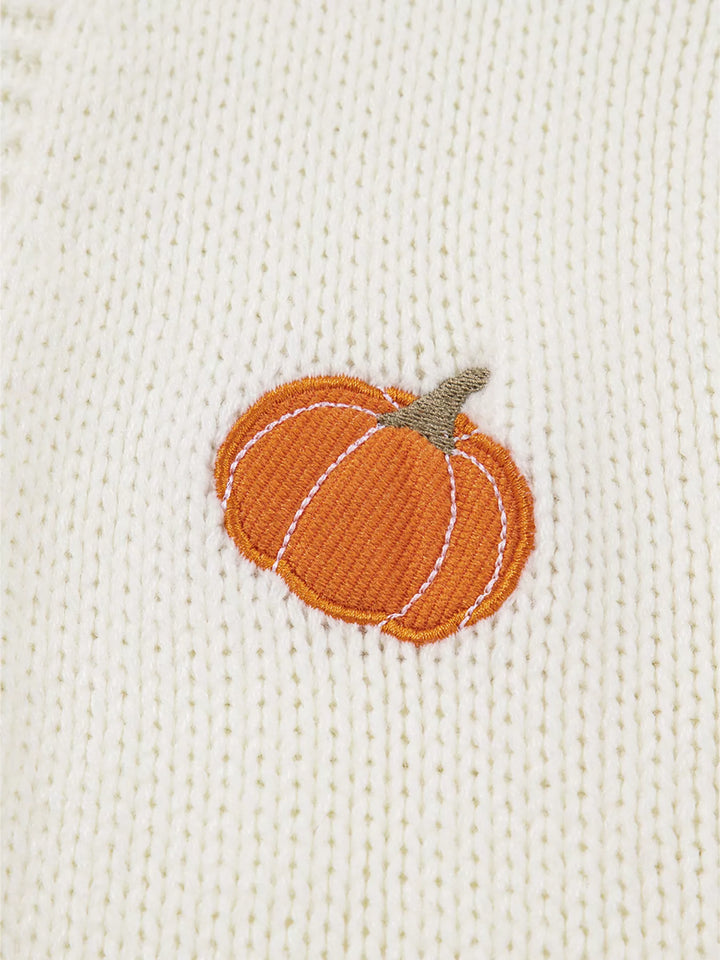 Pumpkin embroidered open-front chunky knit cardigan