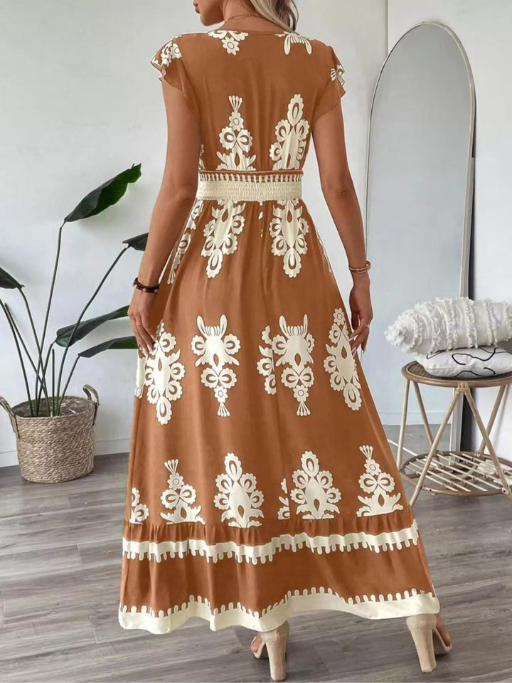 Ornate print v-neck maxi dress with flutter sleeves