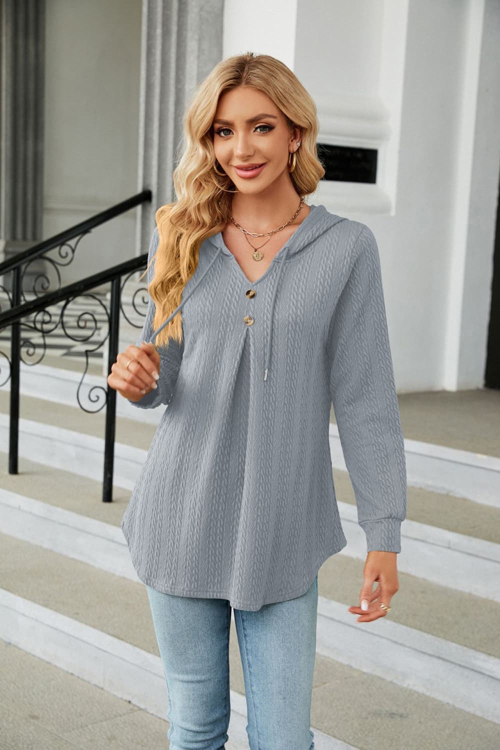 Cloudy Blue Cable knit hooded top with tie neck and button placket