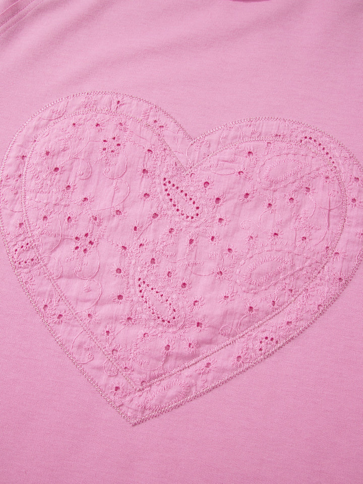 Eyelet lace heart patch long sleeve pullover top