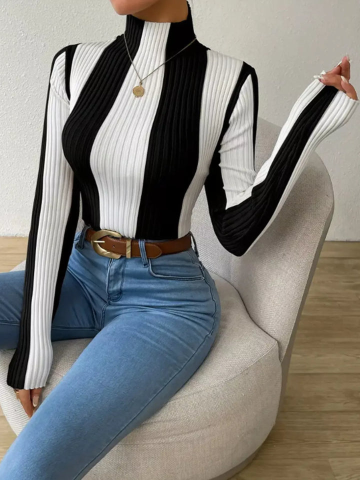 Color block ribbed knit turtleneck top with long sleeves