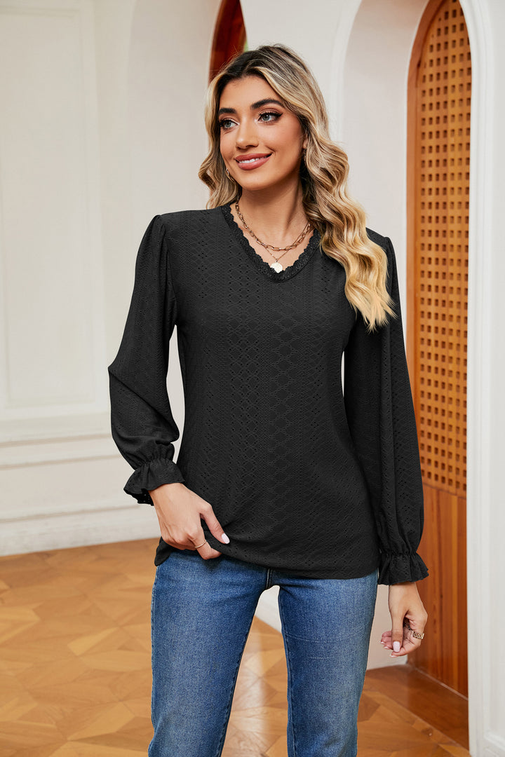 Black Eyelet V-neck blouse with flounce sleeves and lace trim