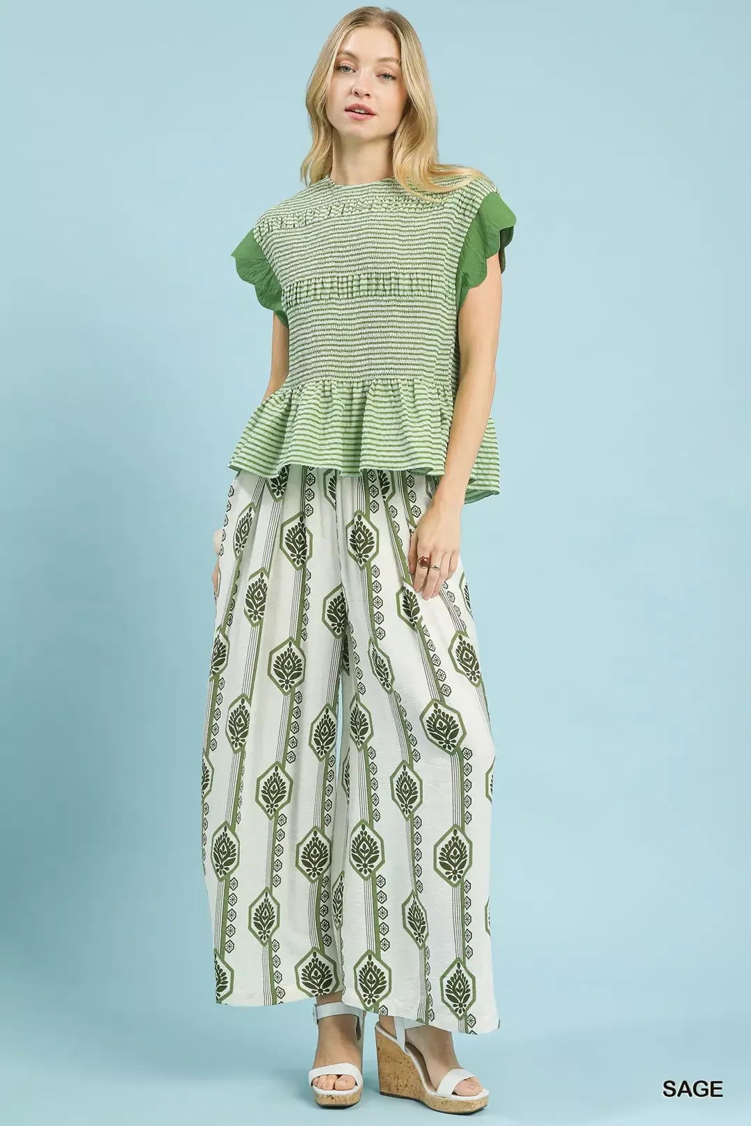 Geometric boho print wide leg pants with smocked waist