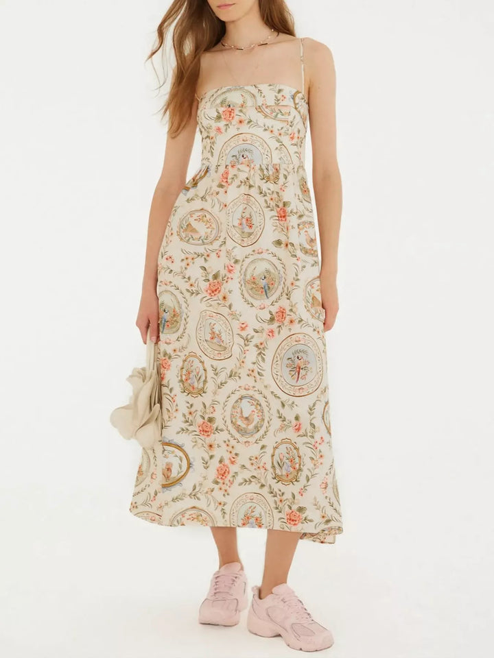 Vintage tapestry floral midi dress with spaghetti straps