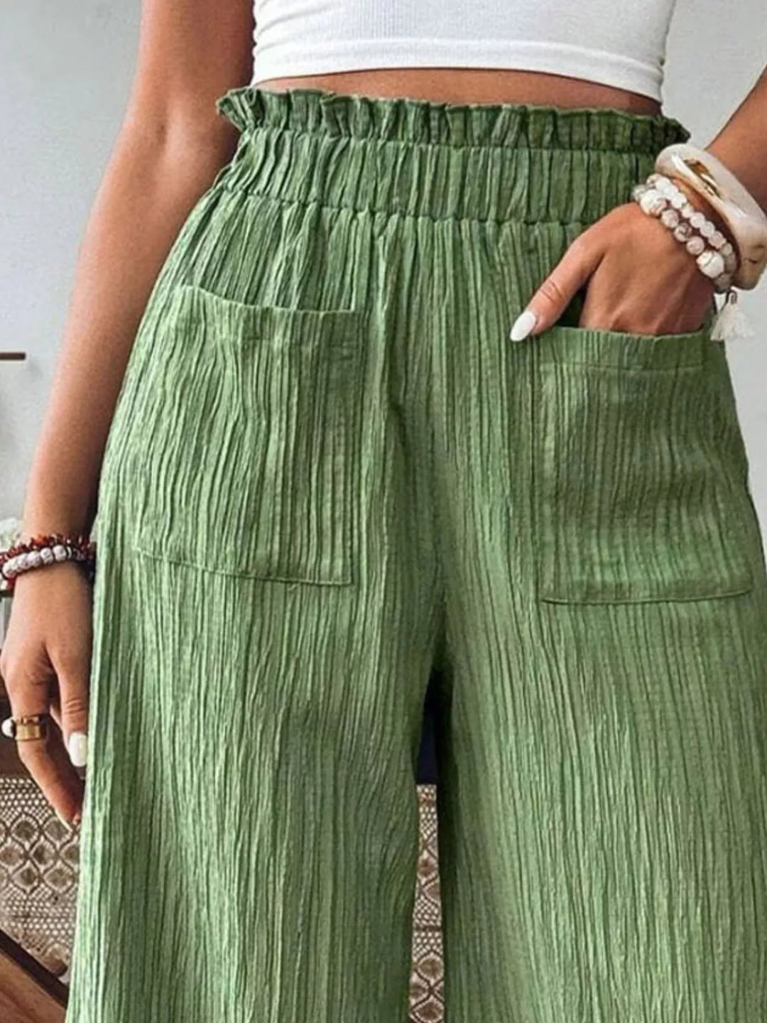 Crinkle ruched high-waist wide leg pants with pockets