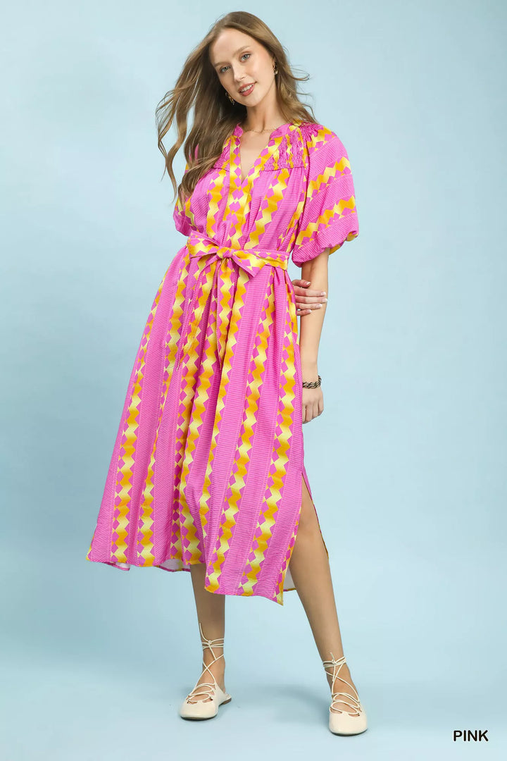 Geometric stripe smocked midi dress with tie waist