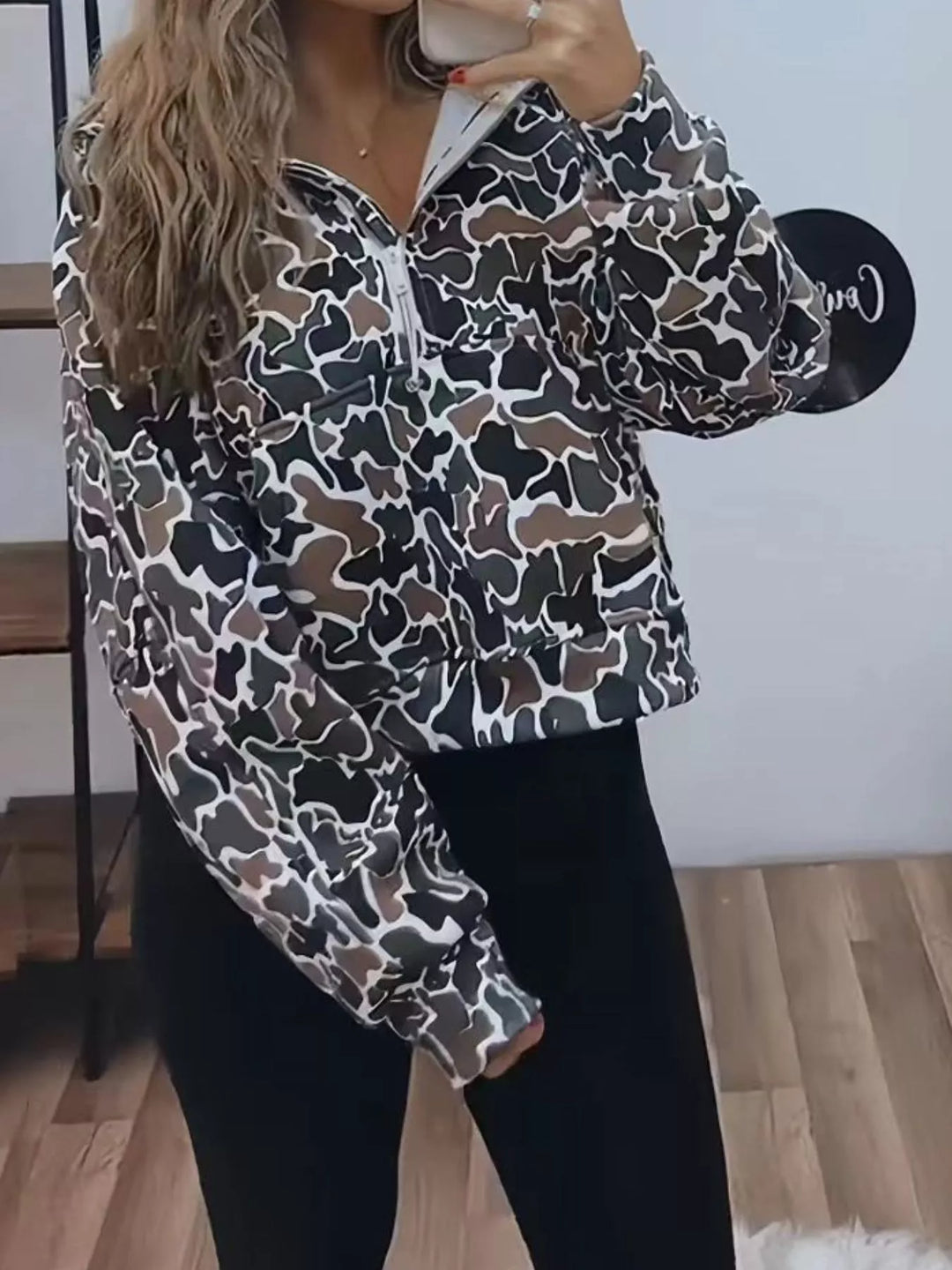 Multicolor Camouflage half-zip sweatshirt with stand collar and front pocket