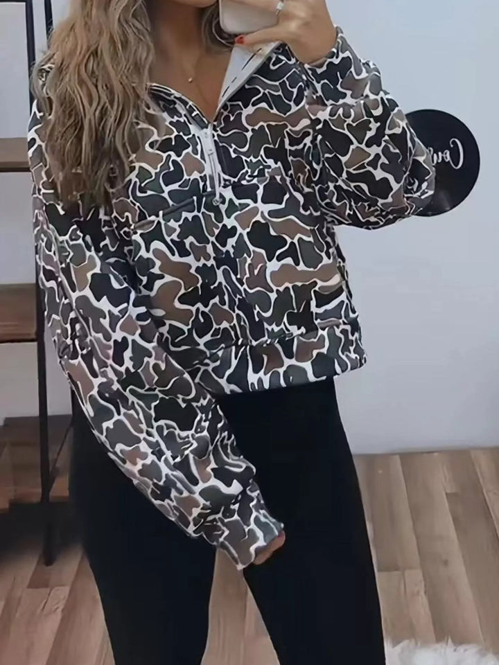 Multicolor Camouflage half-zip sweatshirt with stand collar and front pocket