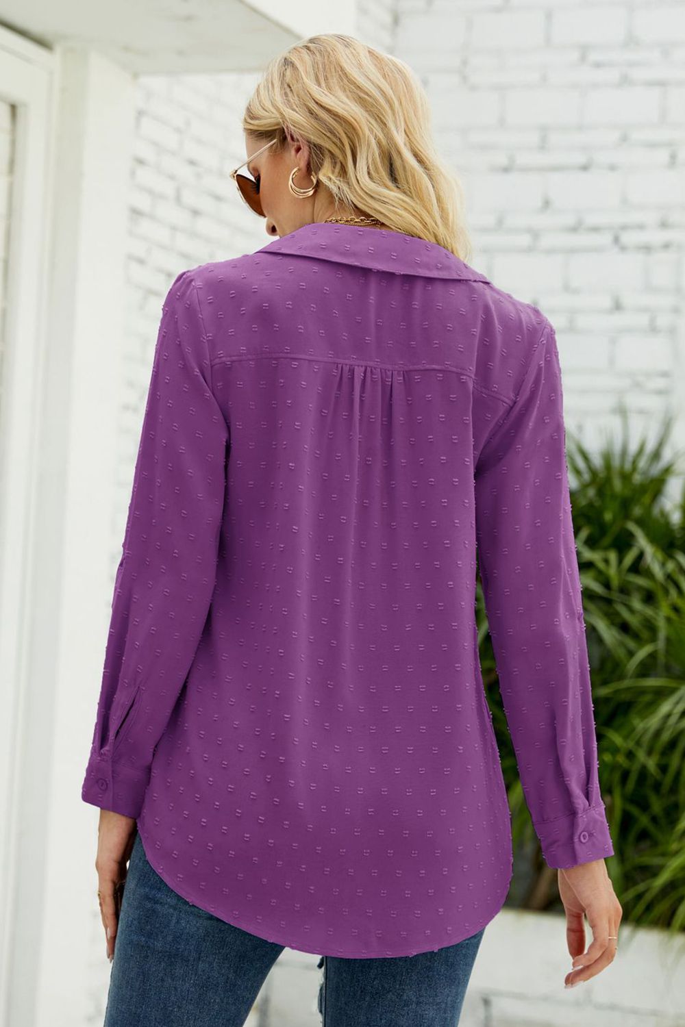 Swiss dot Johnny collar blouse with roll-tab long sleeves
