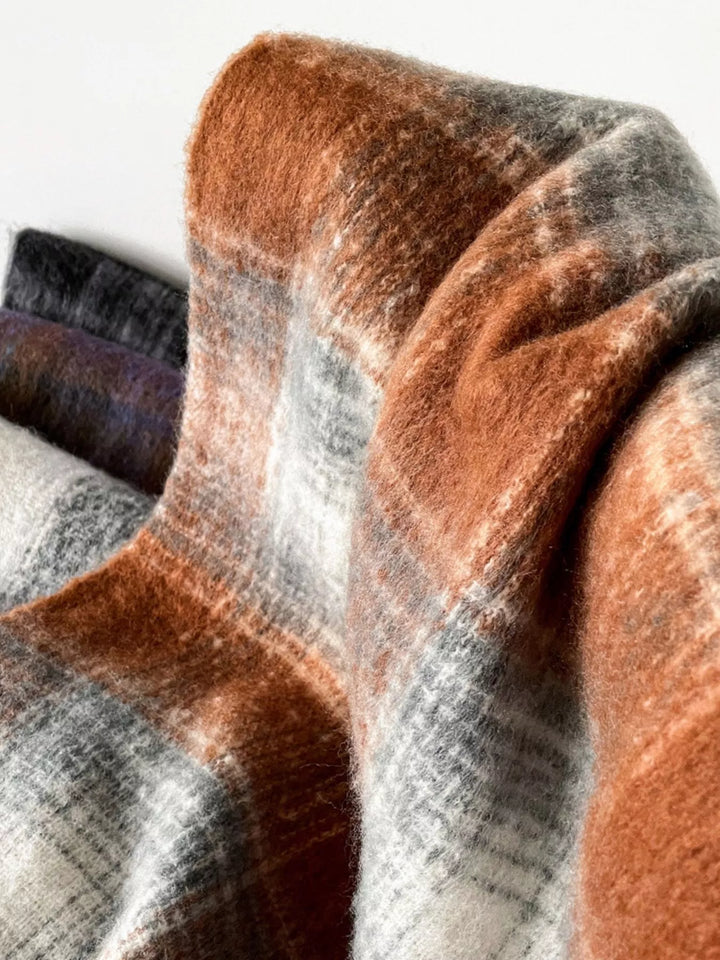Brushed plaid blanket scarf with twisted fringe