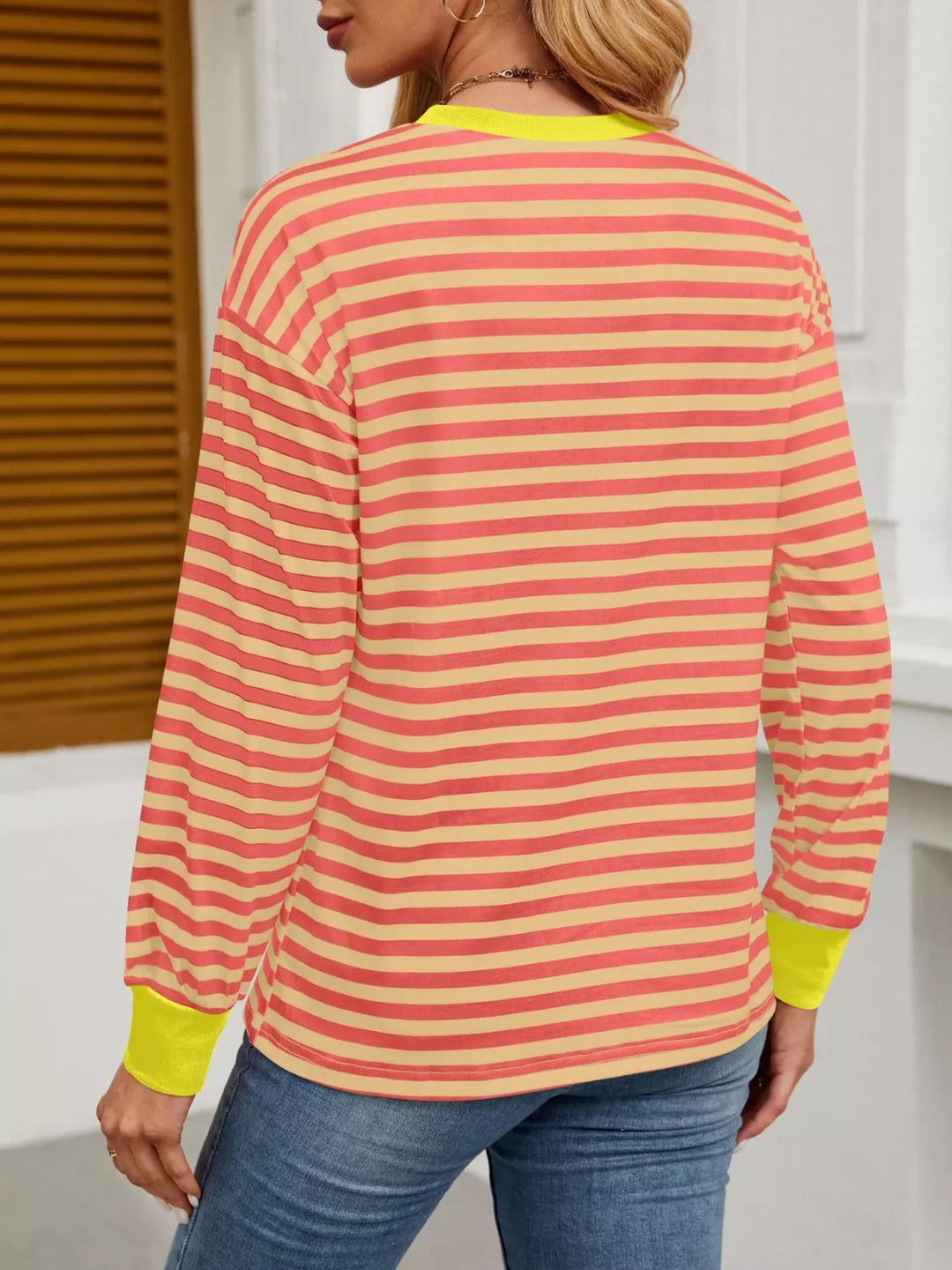 Contrast-trim striped long sleeve crew neck top
