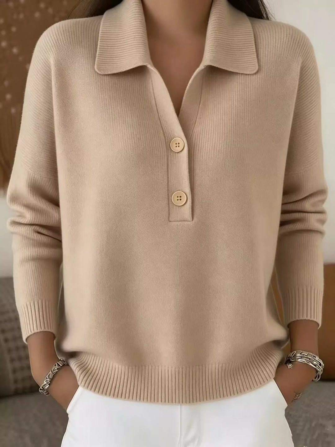 Tan Collared button-placket long sleeve knit polo sweater