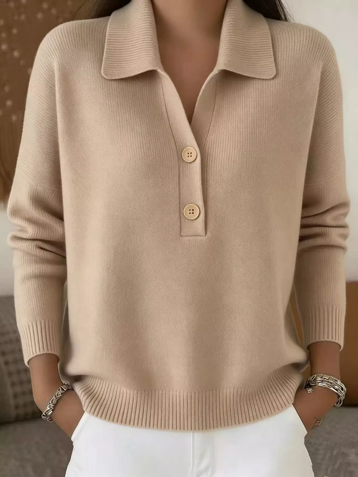 Tan Collared button-placket long sleeve knit polo sweater