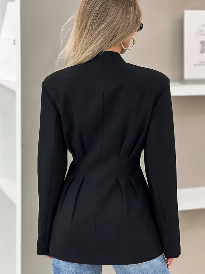 Collarless button-front jacket with cinched pleated waist