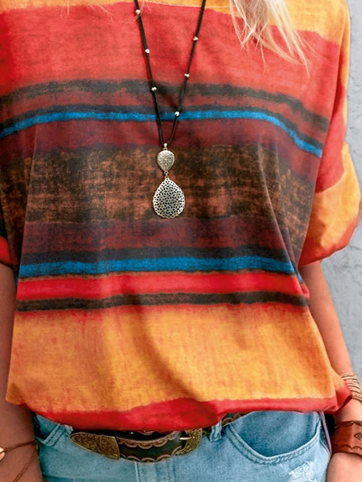 Abstract stripe round-neck short sleeve t-shirt