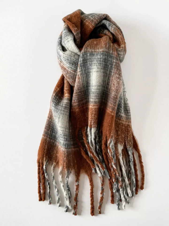 Brushed plaid blanket scarf with twisted fringe