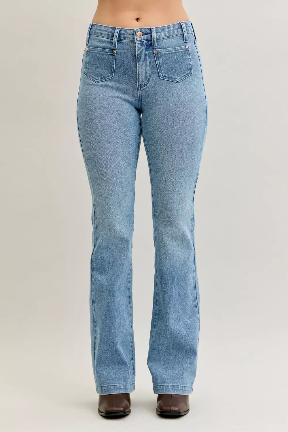 Mid-rise contrast wash bootcut jeans with front patch pockets