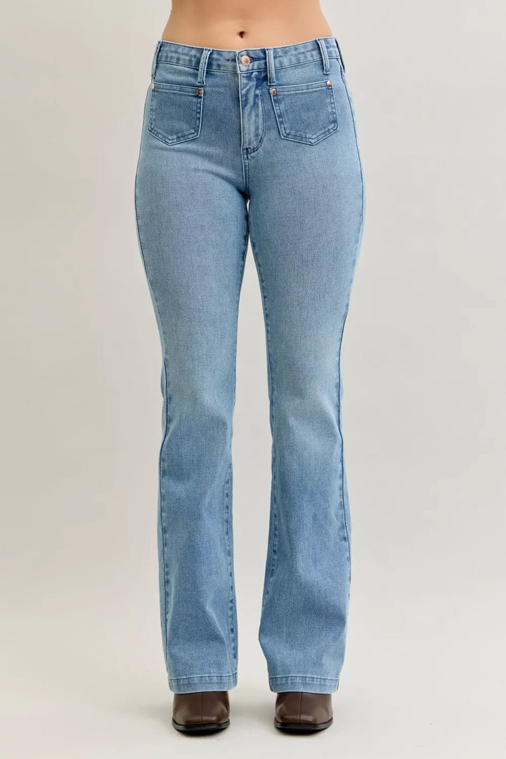 Mid-rise contrast wash bootcut jeans with front patch pockets