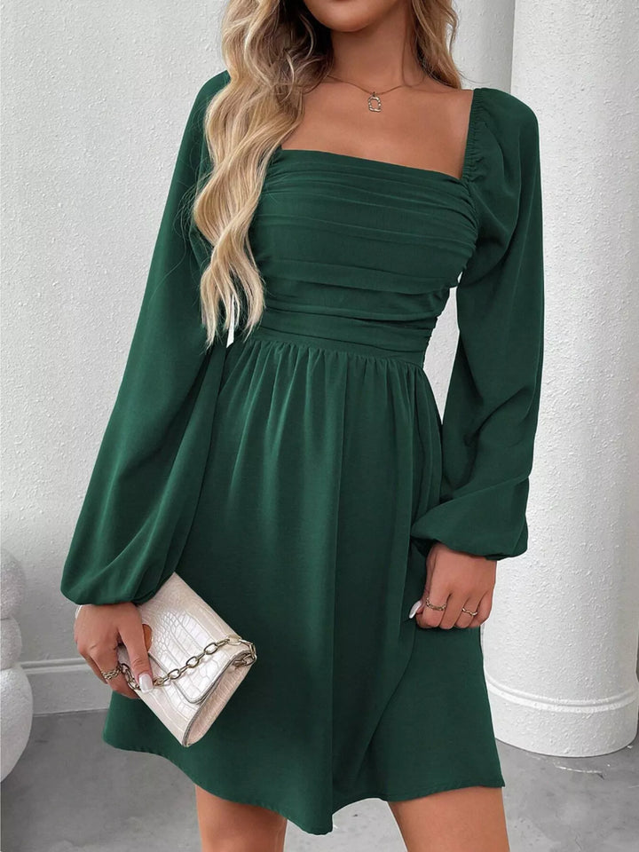 Ruched square-neck balloon sleeve A-line mini dress