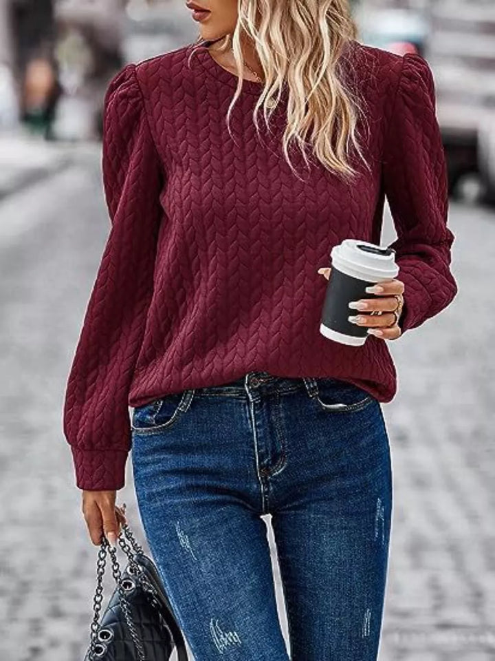 Textured cable-knit puff sleeve pullover top