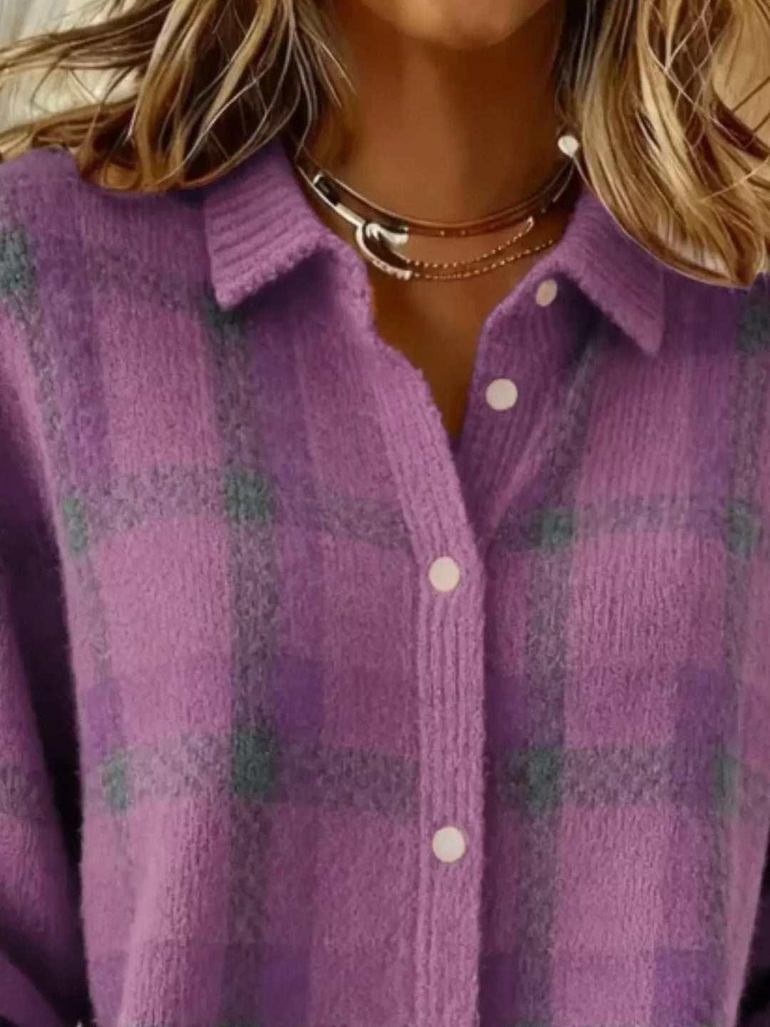 Plaid button-down knit cardigan with ribbed cuffs and hem